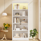 83.4' Tall Wood Bookcase with light strip,5-Tier Decor Bookshelves with Adjustable Shelves,Storage Organizer for CDs/Books,Free Standing Storage Shelves for Living Room,Home Office,White - Grand Goldman Shop