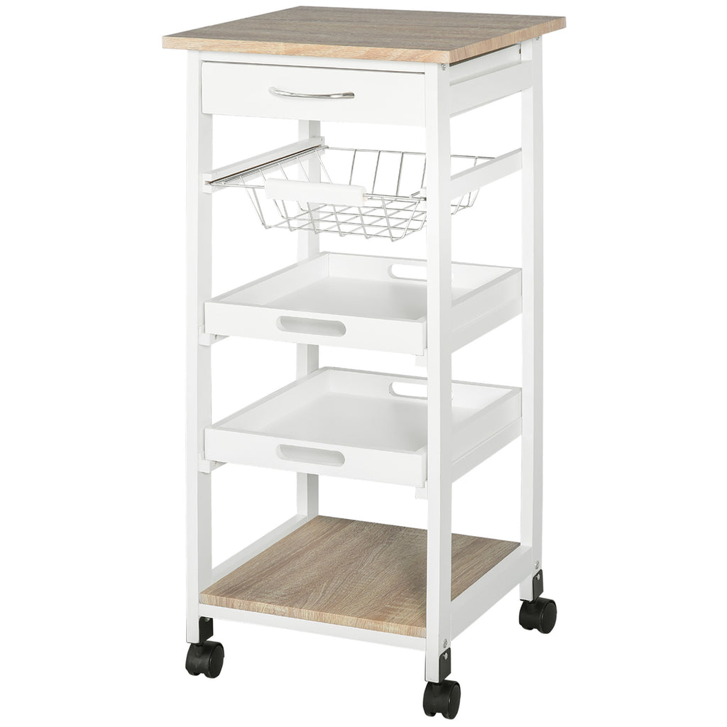 HOMCOM Mobile Kitchen Cart, Rolling Kitchen Island with Storage, Solid Wood Frame Utility Cart with Wire Fruit Baskets, Trays and Drawer, White - Grand Goldman Shop