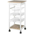 HOMCOM Mobile Kitchen Cart, Rolling Kitchen Island with Storage, Solid Wood Frame Utility Cart with Wire Fruit Baskets, Trays and Drawer, White - Grand Goldman Shop