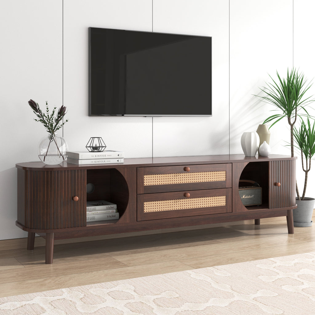 Modern Farmhouse Rattan TV Stand for TVs up to 75'', Natural Wood and Brown Solid Wood Legs, MDF Cabinet with Rattan Drawers and Sliding Doors, 66.93'' L Living Room Entertainment Console - Grand Goldman Shop