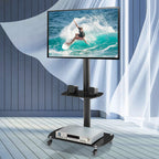 Height and Angle Adjustable Mobile TV Stand with Tempered Glass Shelves and Lockable Wheels, Black Metal Frame, Fits 32-65 Inch TVs - Grand Goldman Shop