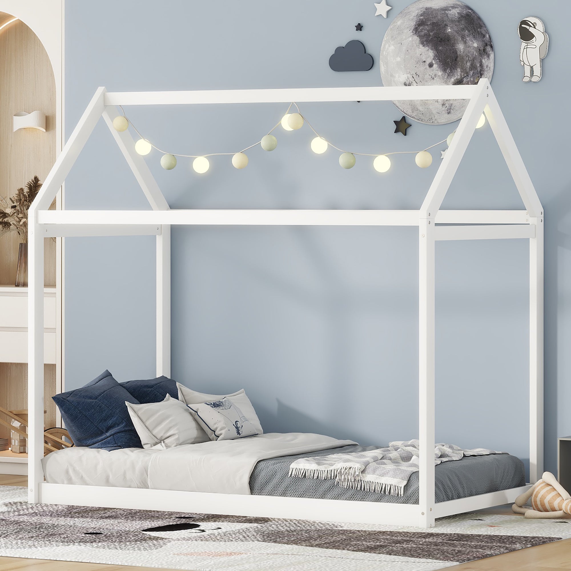 Twin Size Wooden House Bed in White with Pine Wood and MDF Construction, 78.3''L x 42.5''W x 70.3''H - Grand Goldman Shop
