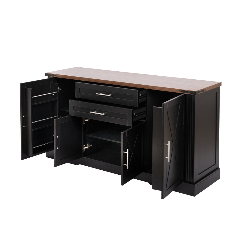 Black Farmhouse Barn Door Storage Cabinet with 2 Drawers & Door Rack, Adjustable Shelves, MDF Construction, 63.11' L x 15.75' W x 32.09' H - Grand Goldman Shop