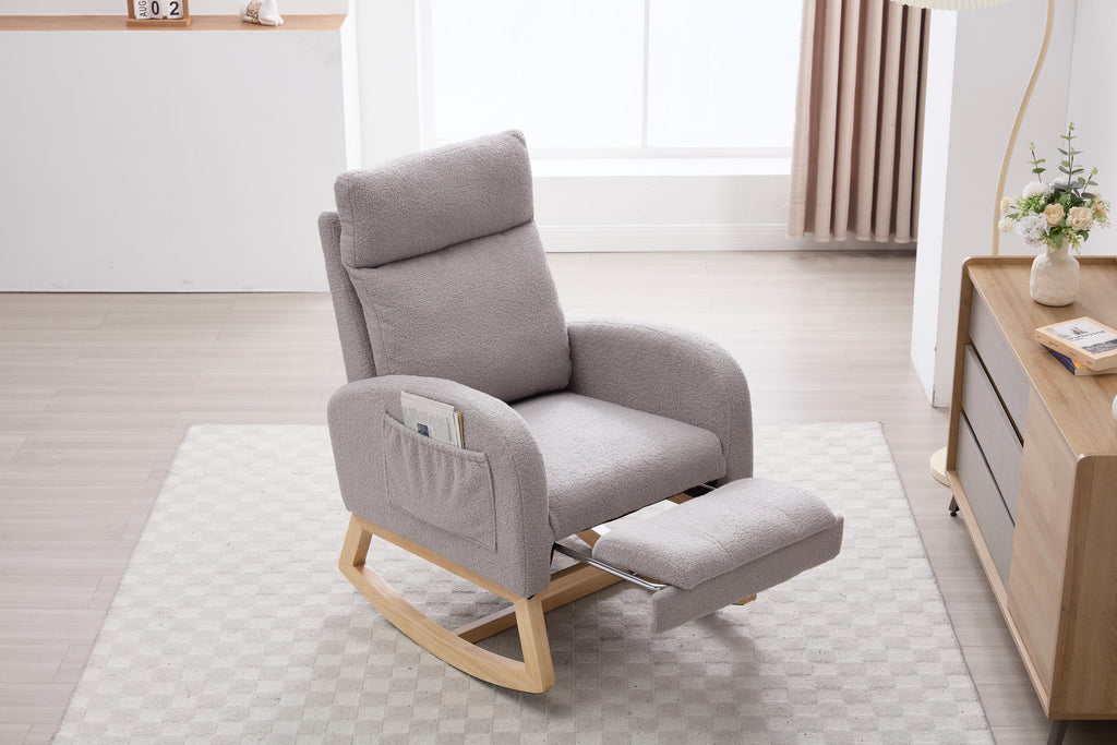 015B-Teddy Fabric Leisure Rocking Chair,Nursery Rocking Chair With Adjustable Footstool,Thickened Headrest And High Backrest, Storage Pocket On The Right Side,The Base Rocker Is Solid Wood,Light Gray - Grand Goldman Shop