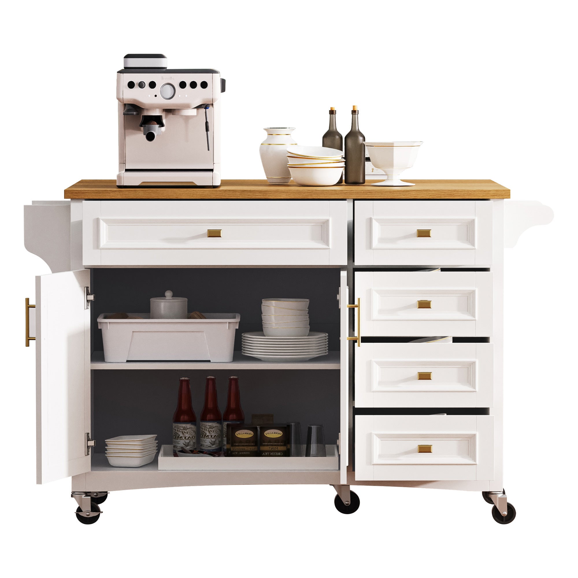 K&K 52'' Kitchen Island with Drop Leaf, Embossed Texture Kitchen Island on Wheels with Spice Rack, Towel Rack, 2 Doors and 5 Drawers, Kitchen Storage Cart with Adjustable Shelf for Kitchen, White - Grand Goldman Shop