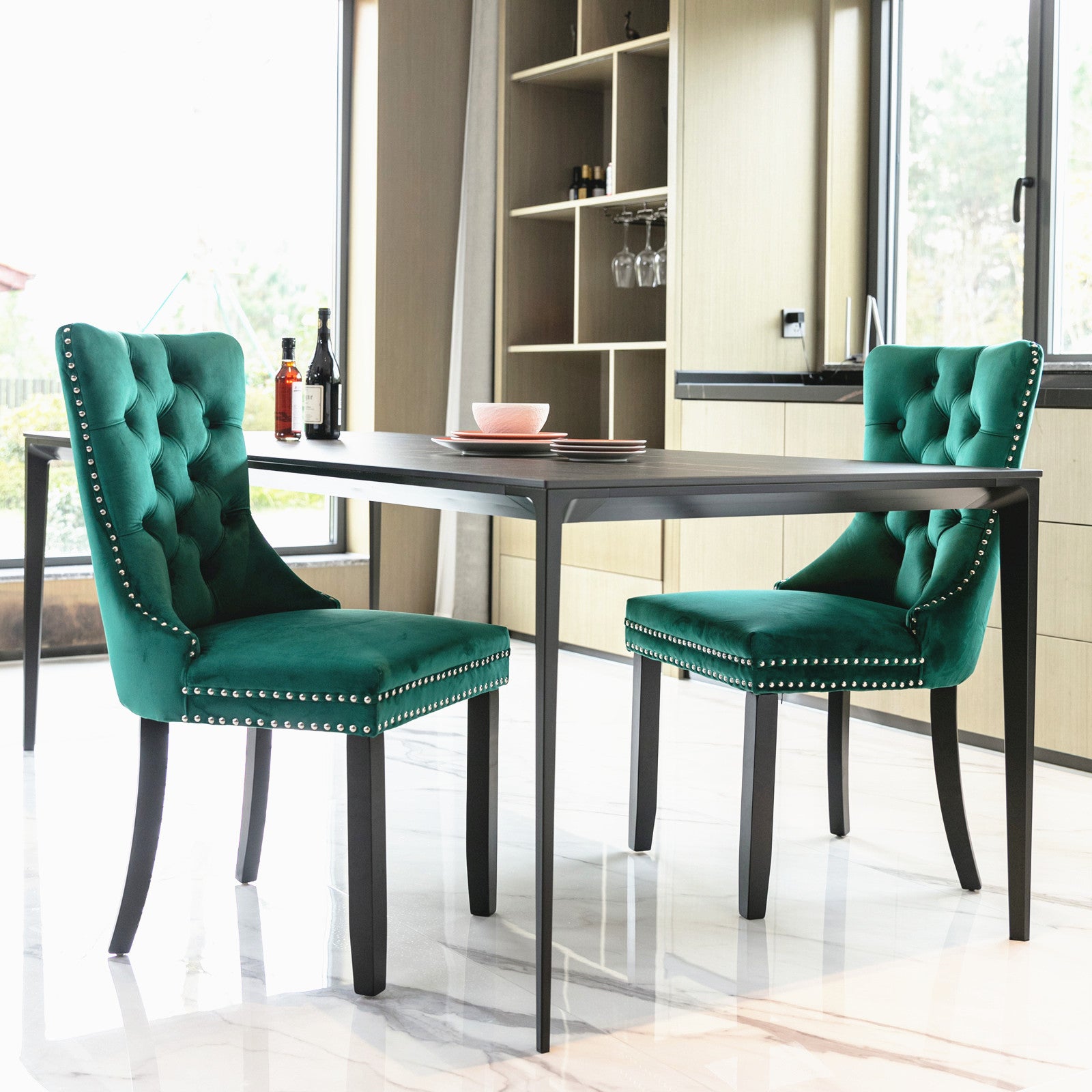 Nikki Collection Modern, High-end Tufted Solid Wood Contemporary Velvet Upholstered Dining Chair with Wood Legs Nailhead Trim 2-Pcs Set,Green, SW2001GN - Grand Goldman Shop