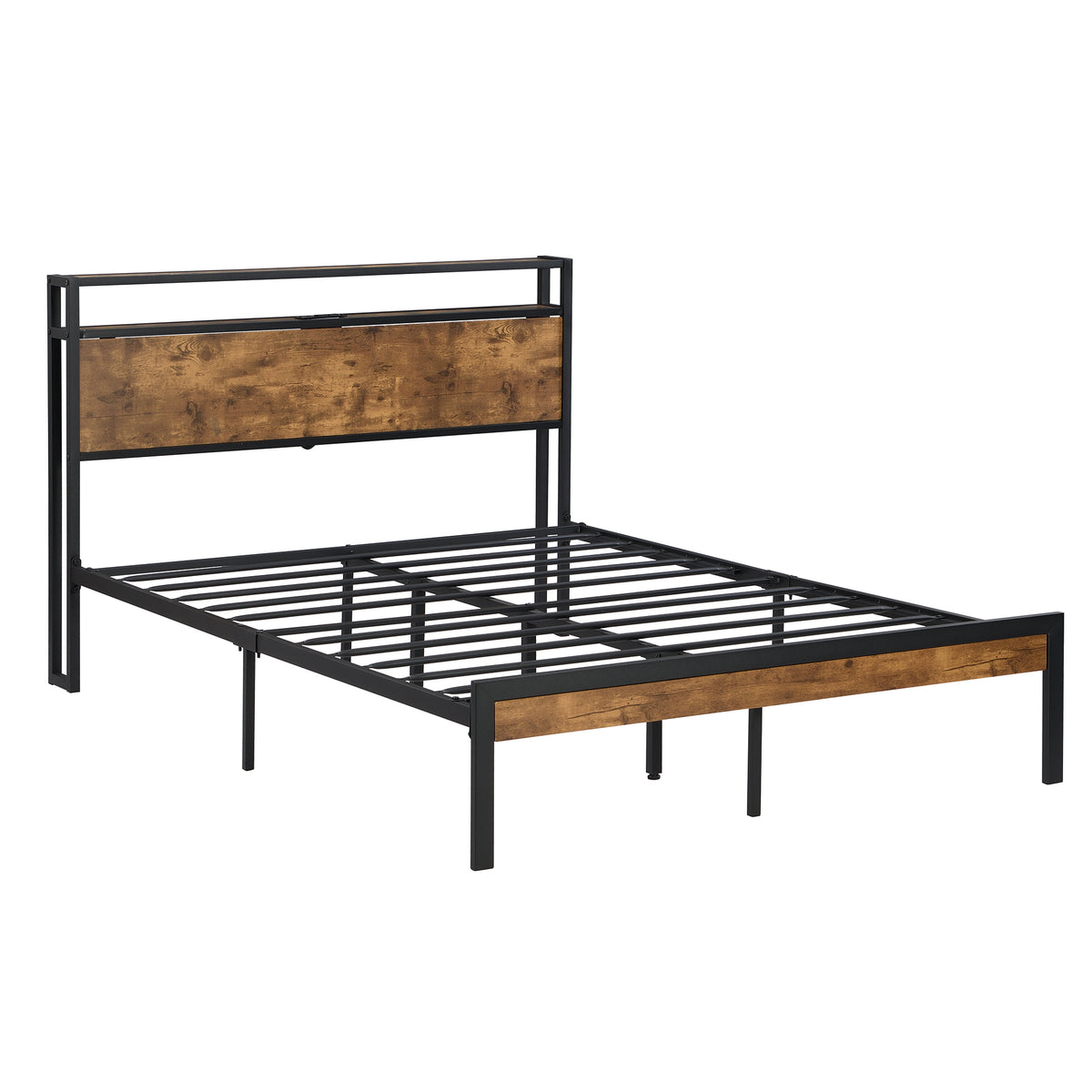 Modern Metal Platform Bed Frame with Wooden Headboard and Footboard, USB Liner, Queen Size, Black and Brown - Grand Goldman Shop