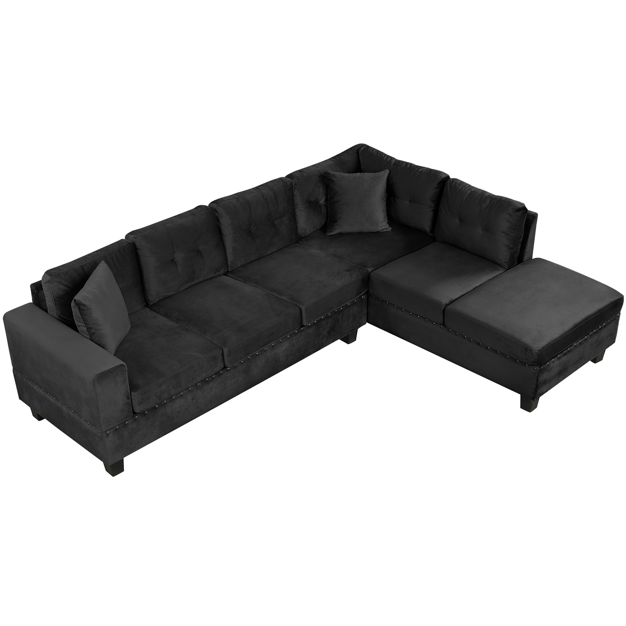 Modern Sectional Sofa with Storage Ottoman, L-Shape Couch with 2 Pillows and Cup Holders, Black Velvet, 105' - Grand Goldman Shop