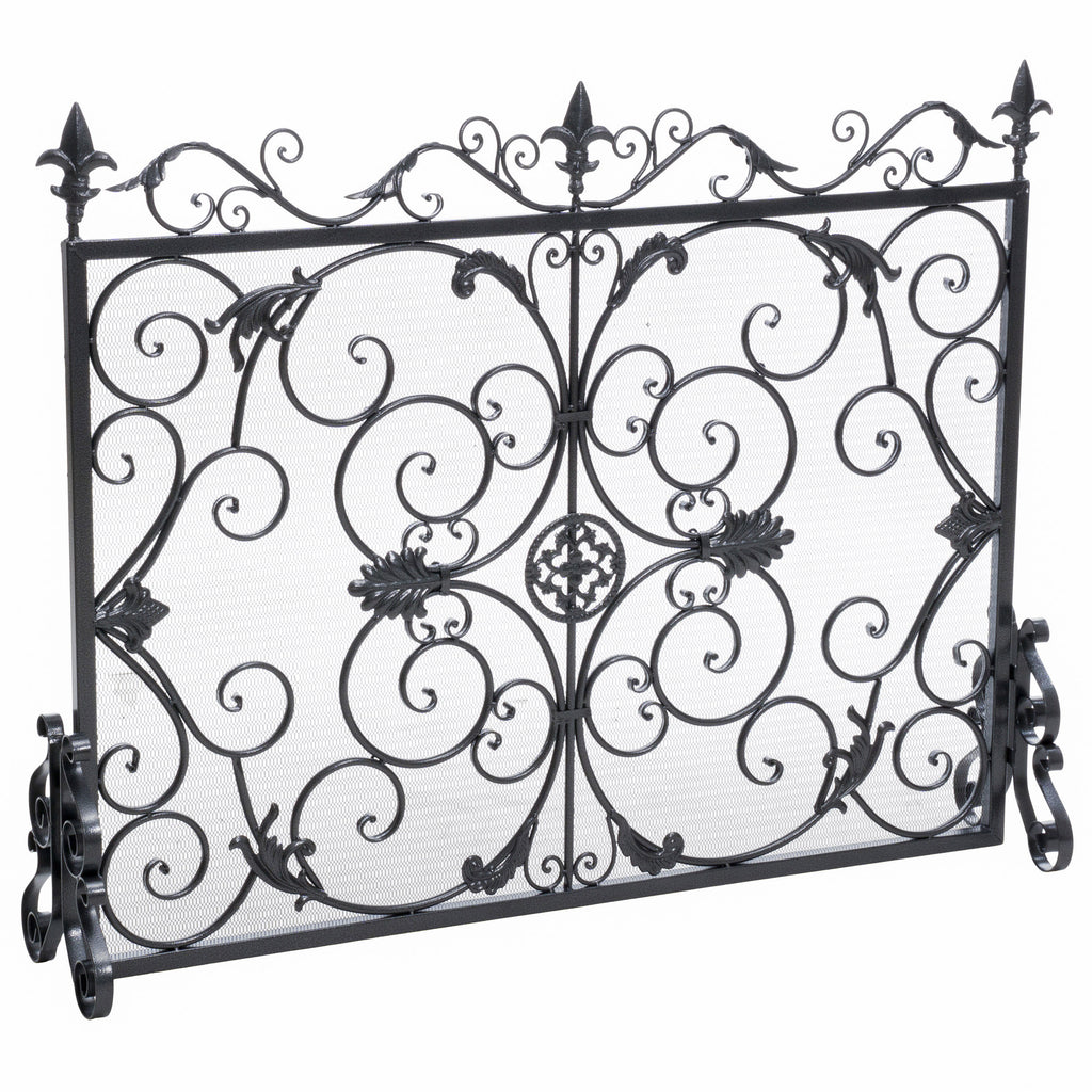 Darcie Wrought Iron Fireplace Screen with Intricate Detailing, Black Finish, Victorian Inspired Design, 10' D x 44' W x 35.5' H - Grand Goldman Shop