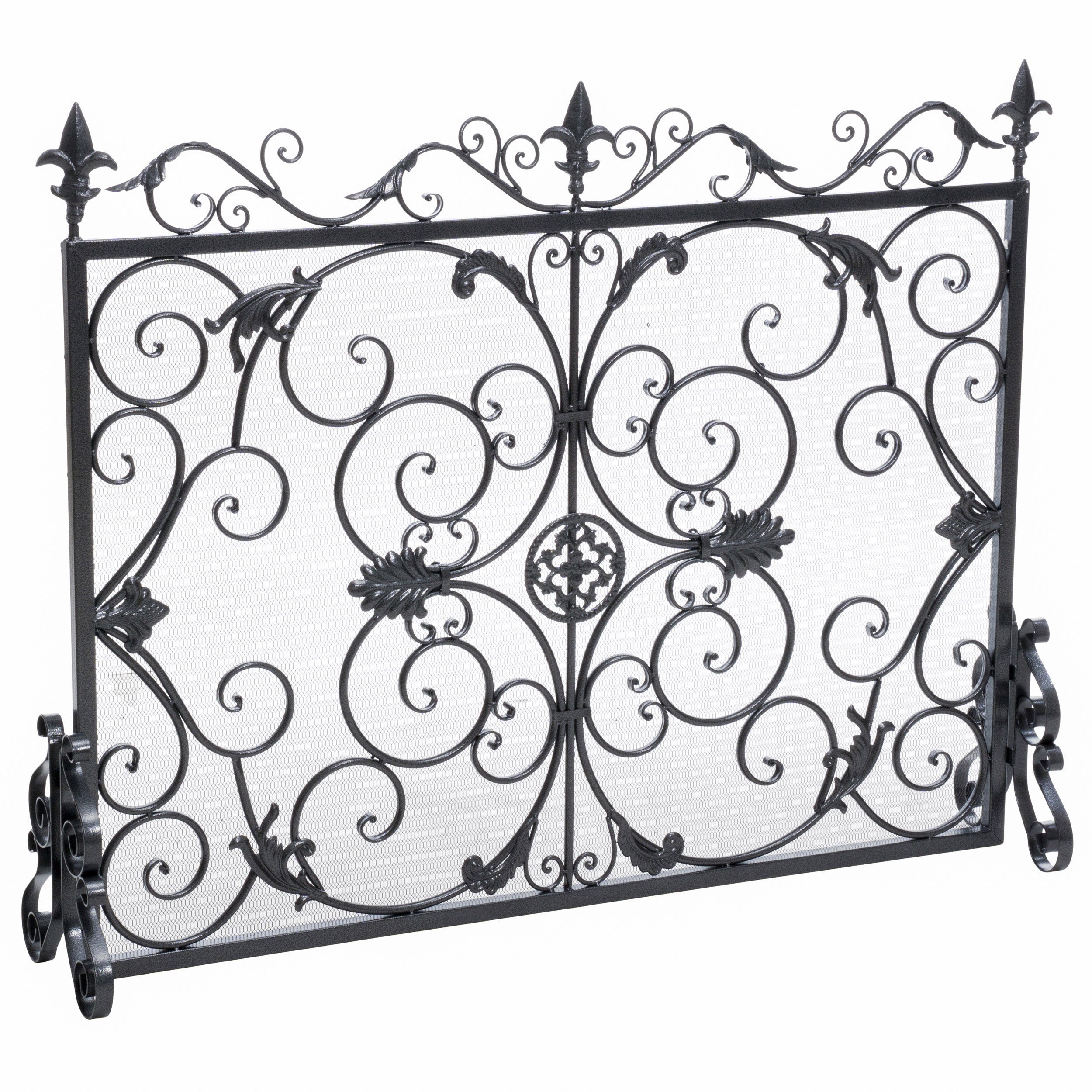 Darcie Wrought Iron Fireplace Screen with Intricate Detailing, Black Finish, Victorian Inspired Design, 10' D x 44' W x 35.5' H - Grand Goldman Shop