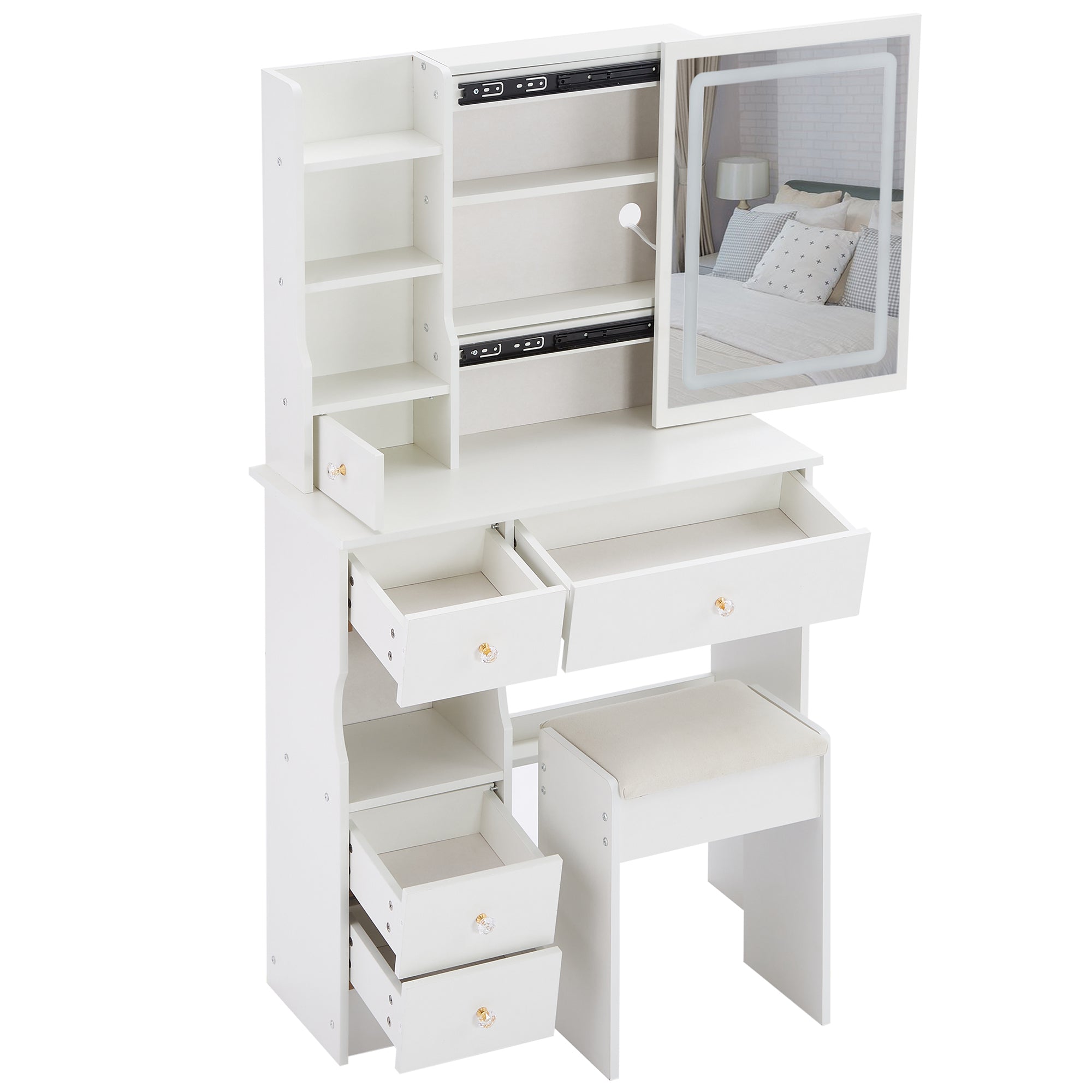 29.2' Small Size Left Drawer Desktop Vanity Table + Cushioned Stool, 2 AC+2 USB Power Station, Hair dryer bracket, Extra Large Touch Control Sliding LED Mirror, Tri-color Switching, Brightness Adjust - Grand Goldman Shop
