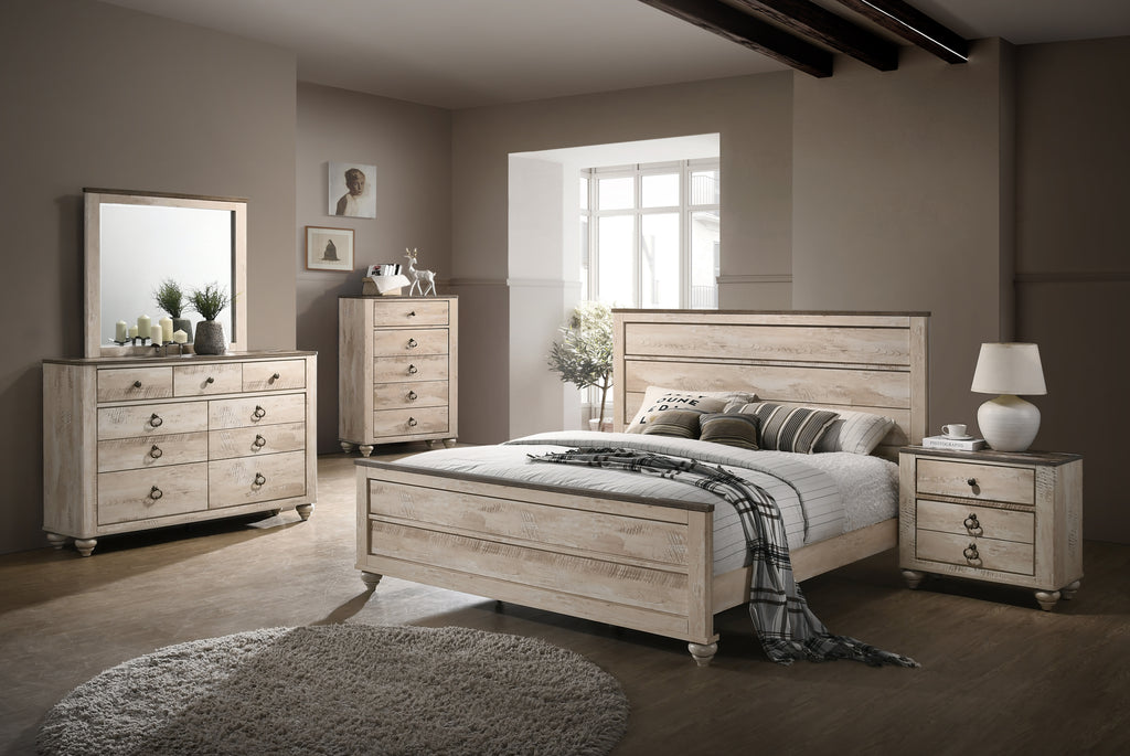 Imerland Contemporary White Wash Finish Bedroom Set, Queen Bed, Dresser, Mirror, Nightstand, Chest - Grand Goldman Shop