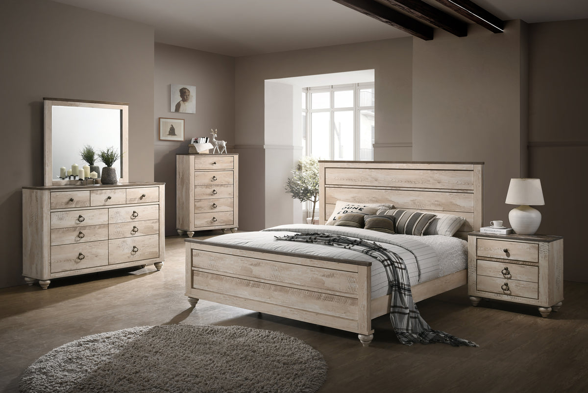 Imerland Contemporary White Wash Finish Bedroom Set, Queen Bed, Dresser, Mirror, Nightstand, Chest - Grand Goldman Shop