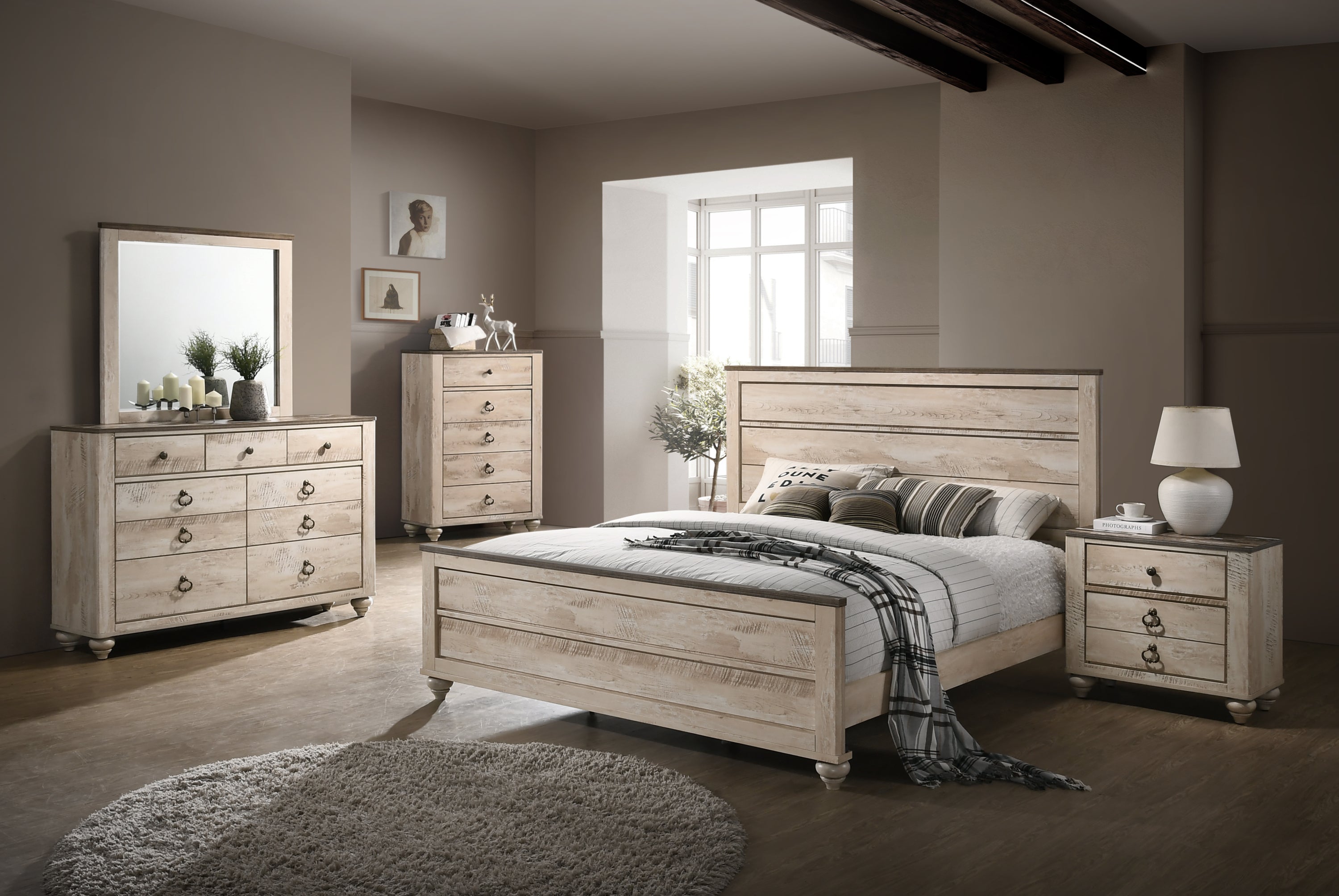 Imerland Contemporary White Wash Finish Bedroom Set, Queen Bed, Dresser, Mirror, Nightstand, Chest - Grand Goldman Shop