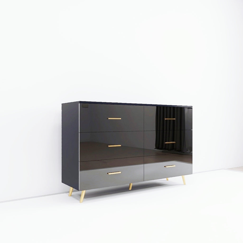 High Glossy Surface 6 Drawers Chest of Drawer with Golden Handle and Golden Steel Legs Black Color Vanity - Grand Goldman Shop