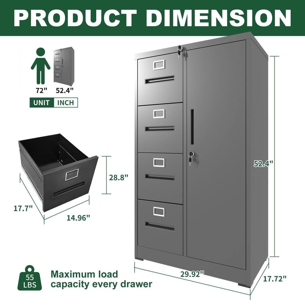Sleek Black Metal Storage Vertical Filing Cabinet with Lock, 4-Drawer and 1-Door Steel File Locker for Home Office | Premium 