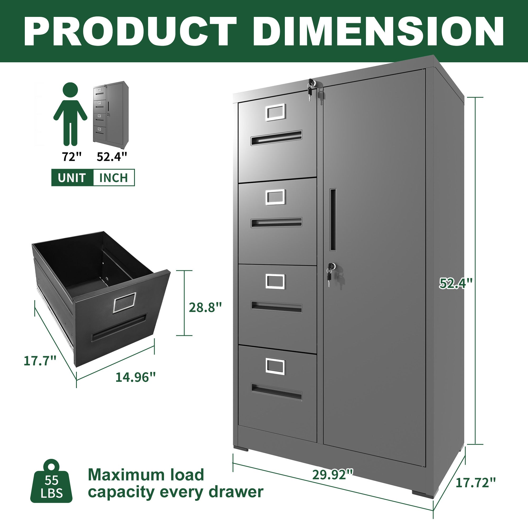 Sleek Black Metal Storage Vertical Filing Cabinet with Lock, 4-Drawer and 1-Door Steel File Locker for Home Office | Premium 