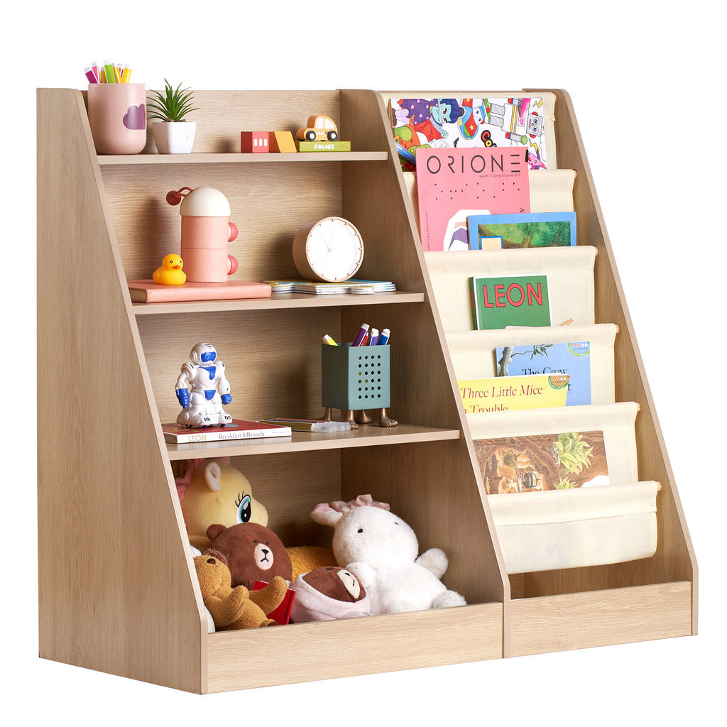 Wooden Kids Bookshelf 4-Tier, Toy Storage Organizer for Toddler, Book Shelf for Kids Rooms with 6-Layer Sling Book Rack, Baby