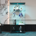 Two-door LED lights  Glass Display Cabinet 4 Shelves with Door, Floor Standing Curio Bookshelf for Living Room Bedroom Office