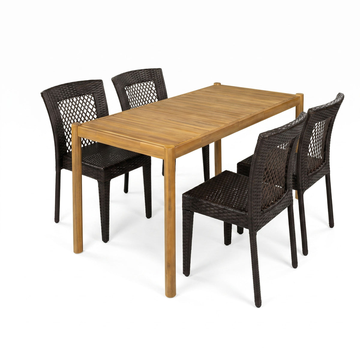 Rustikales Terrassen-Essgruppe aus Akazienholz mit PE-Rattan-Stühlen, 5-teilige Gartenmöbel in Braun-Multi und hellem Teak