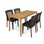 Rustikales Terrassen-Essgruppe aus Akazienholz mit PE-Rattan-Stühlen, 5-teilige Gartenmöbel in Braun-Multi und hellem Teak