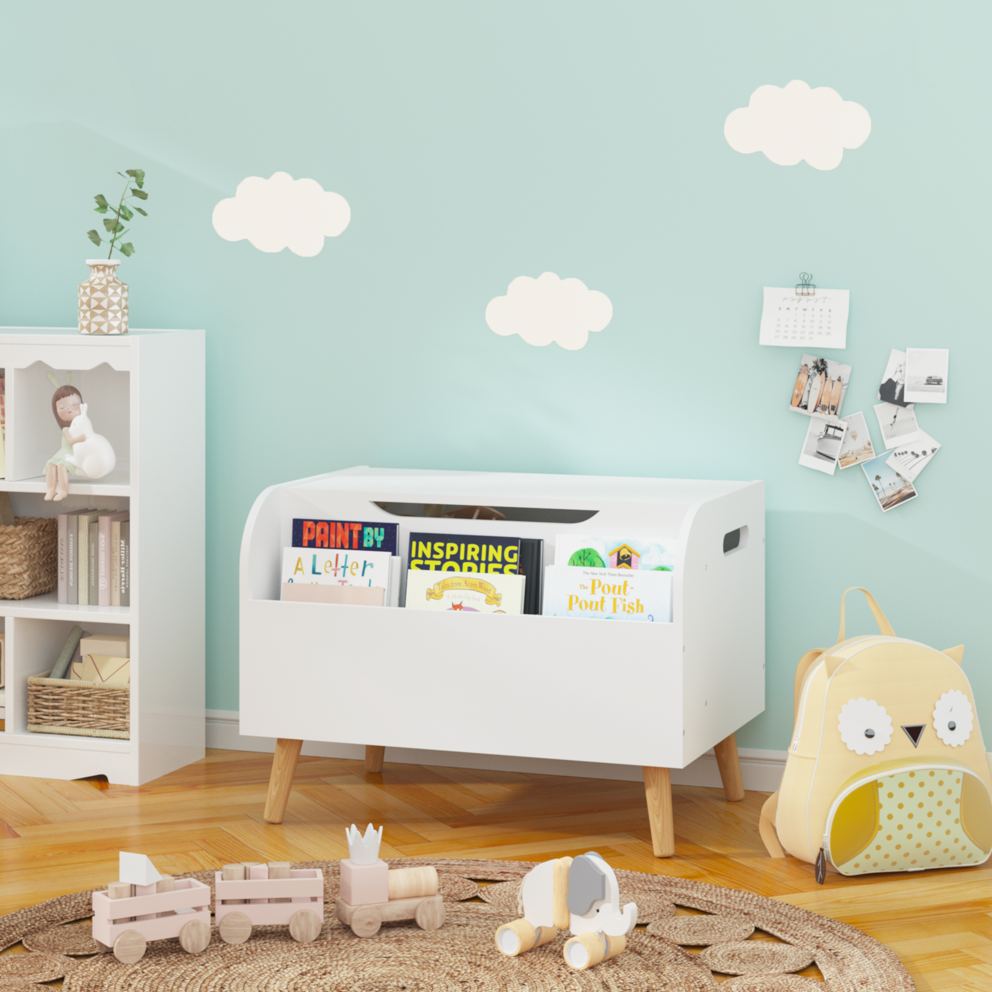 Wooden Toy Box with Front Bookshelf, Flip-Top Lid, Safety Hinge for Kids Room Organization in White, Solid Wood & MDF Constru