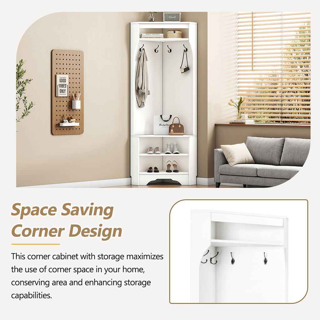 Minimalist Corner Hall Tree with Shoe Bench, Versatile Entryway Coat Rack with 4 Hooks, Corner Cabinet with Adjustable Shelf for Hallway, Living Room, White, 29.5''W*71.6''H (OLD SKU: N721P189665K) - Grand Goldman Shop