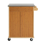 Indoor Compact Bamboo Rolling Kitchen Cart with Stainless Steel Top – Mobile Storage Island with Drawer & Cabinet for Small Spaces - Grand Goldman Shop