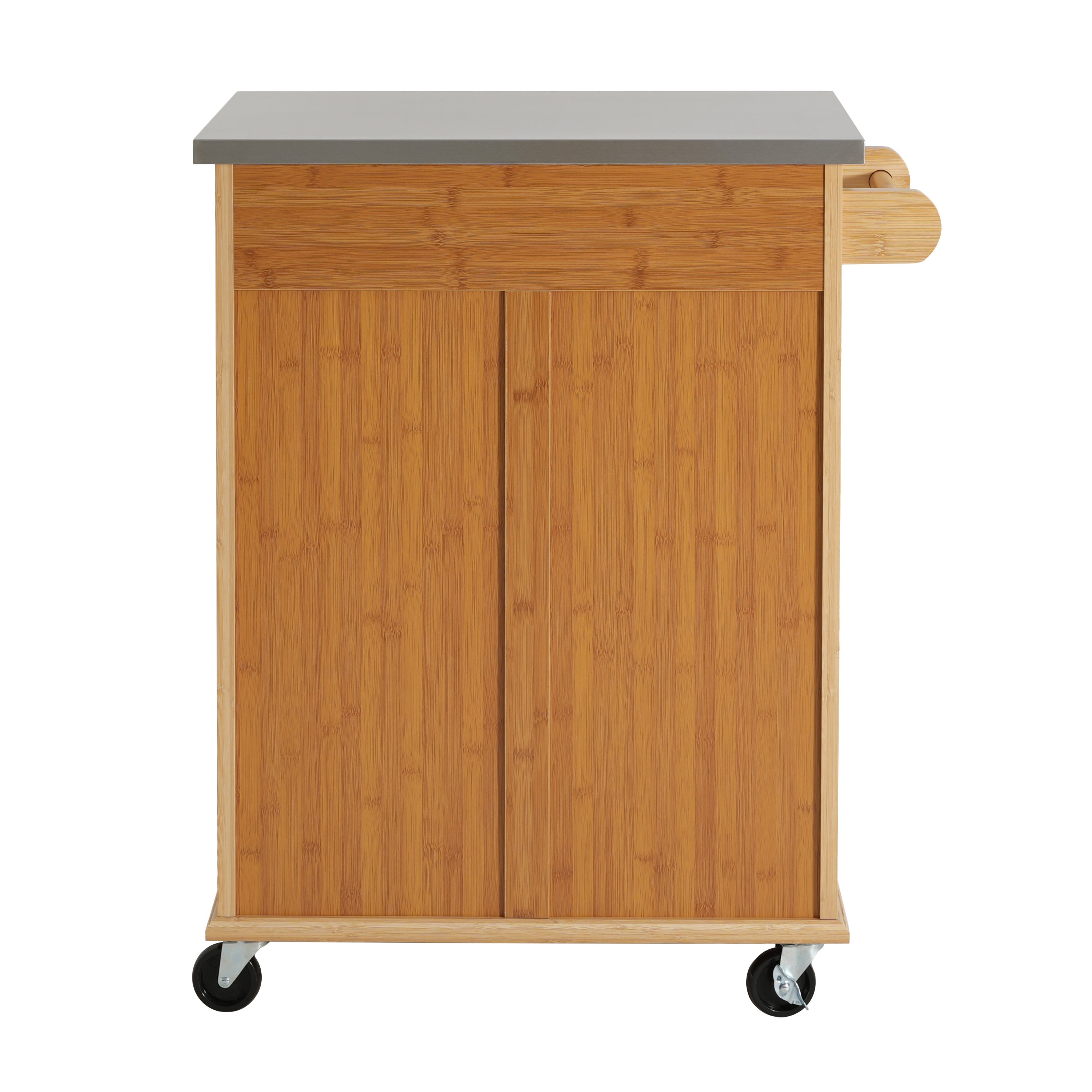 Indoor Compact Bamboo Rolling Kitchen Cart with Stainless Steel Top – Mobile Storage Island with Drawer & Cabinet for Small Spaces - Grand Goldman Shop