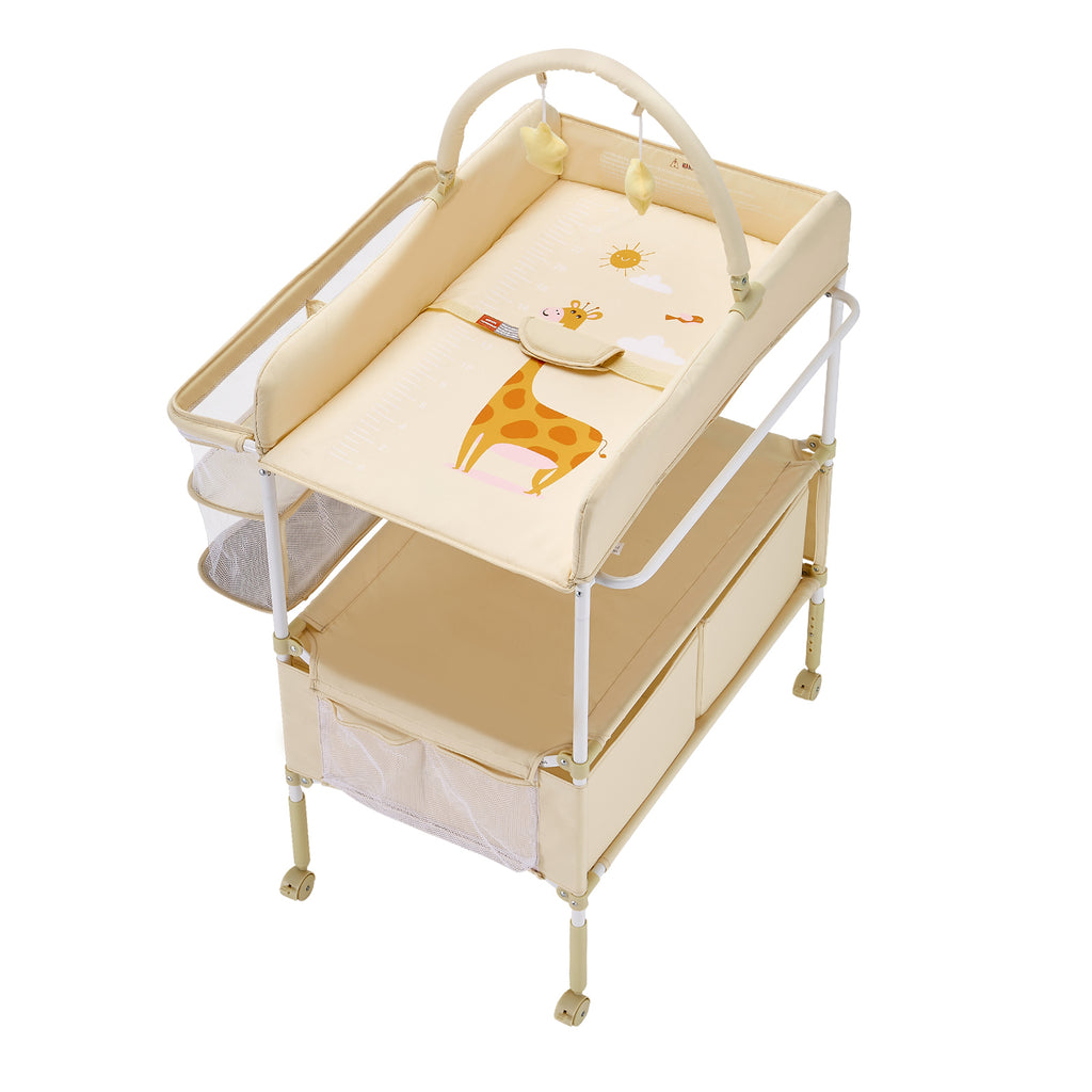 Baby Changing Table, Foldable Diaper Change Station with 2 Fabric Drawers, Side Basket & Hanging Rod, Adjustable Height Porta