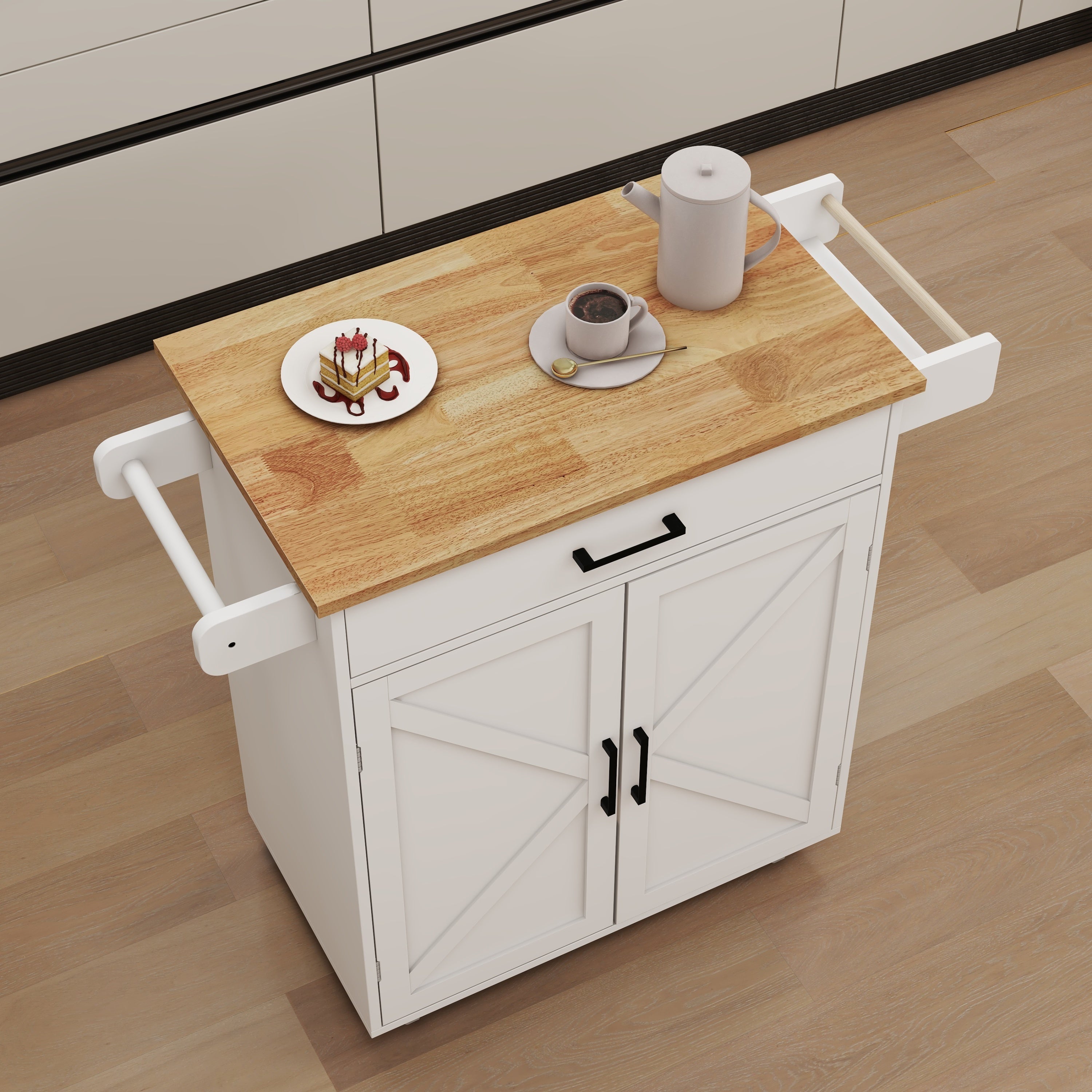 Kitchen island rolling trolley cart with Adjustable Shelves & towel rack & seasoning rack rubber wood table top-White - Grand Goldman Shop