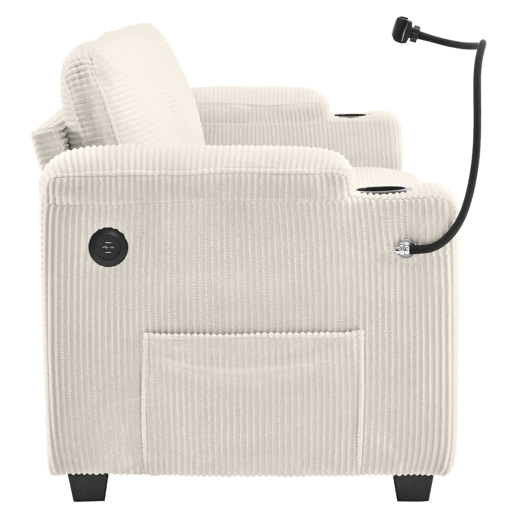 Beige Corduroy Sleeper Sofa Loveseat with Full Size Mattress, USB Ports, Cup Holders, Side Pockets, Phone Holder - Grand Goldman Shop