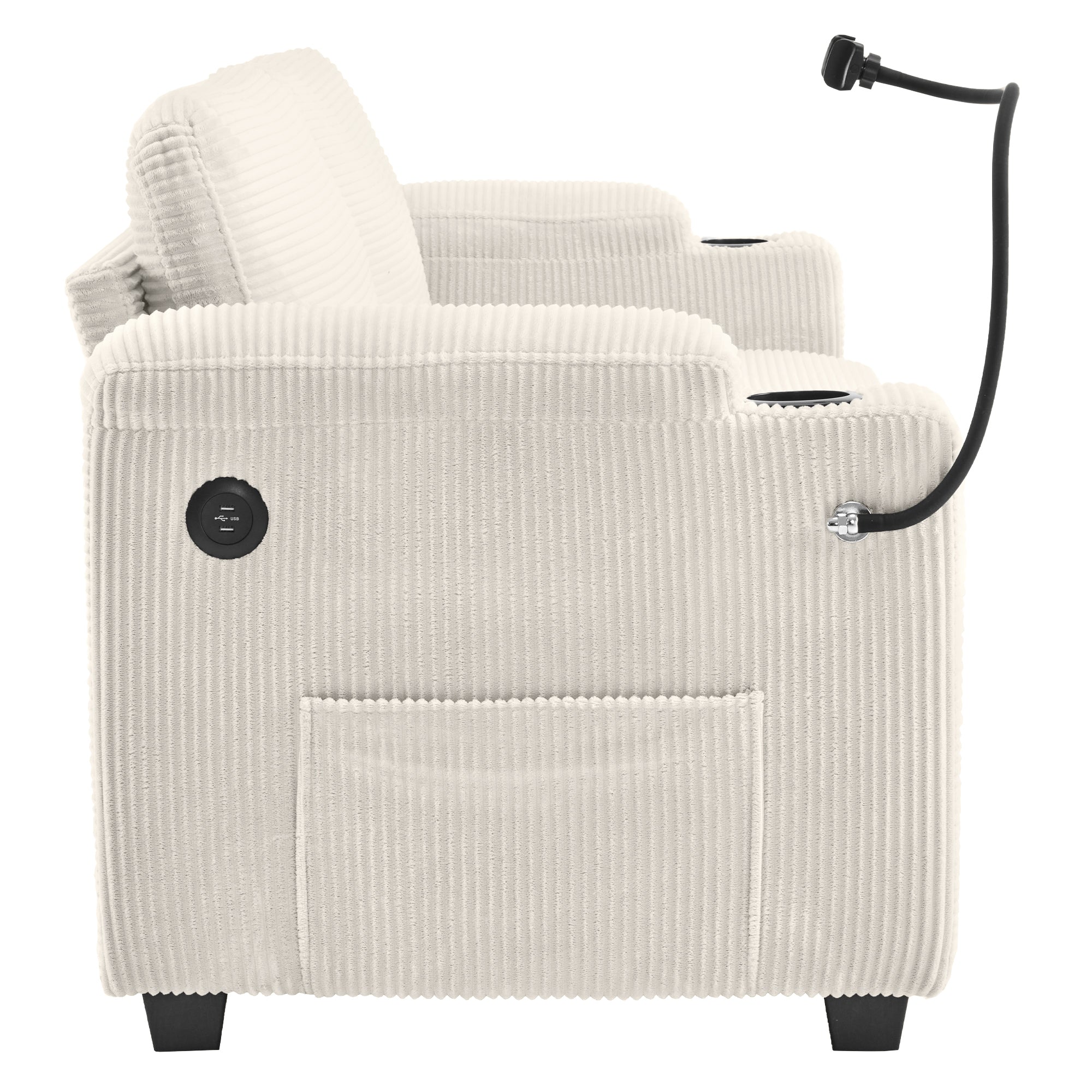 Beige Corduroy Sleeper Sofa Loveseat with Full Size Mattress, USB Ports, Cup Holders, Side Pockets, Phone Holder - Grand Goldman Shop