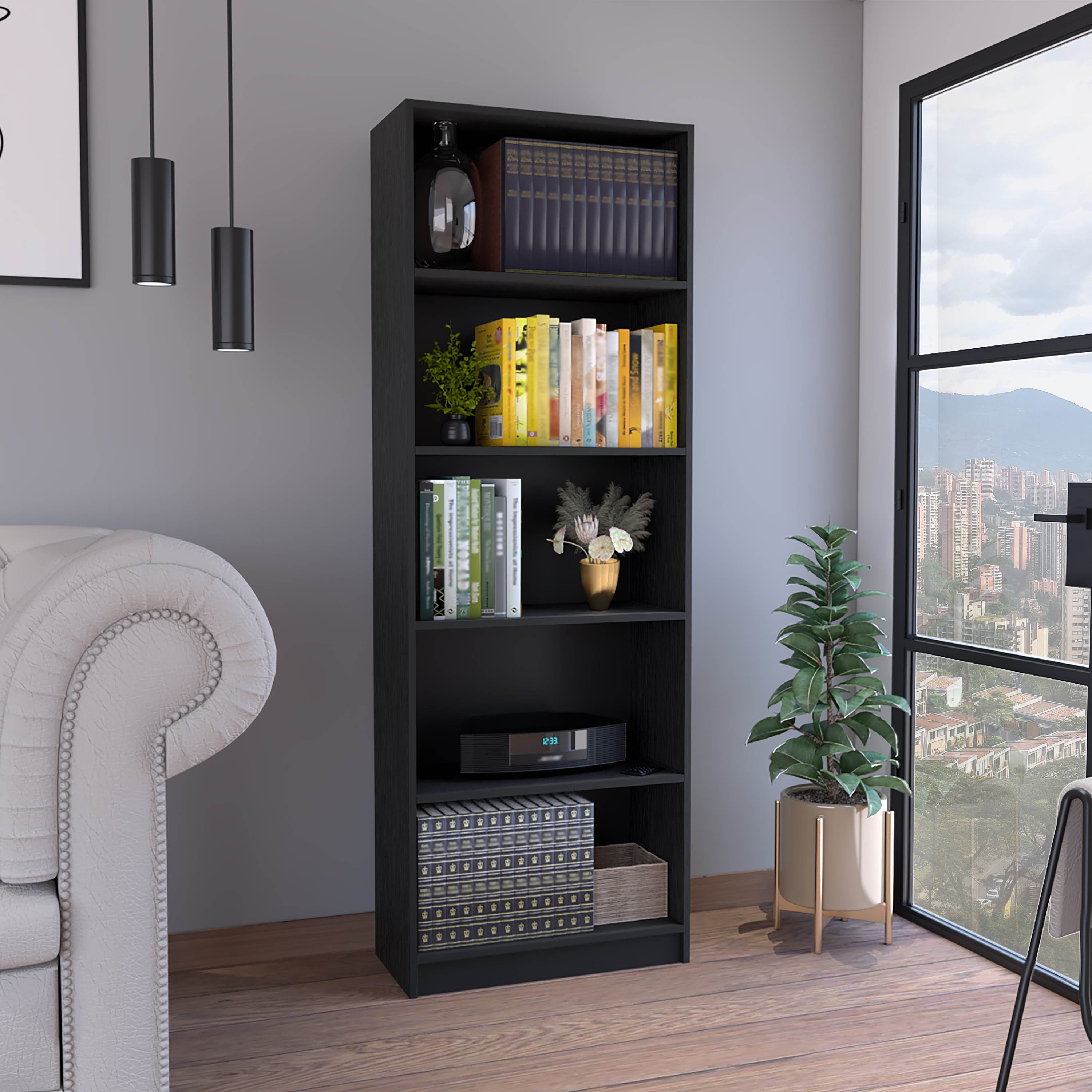 Vinton 4-Tier Bookcase with Modern Storage for Books and Decor, Black - Grand Goldman