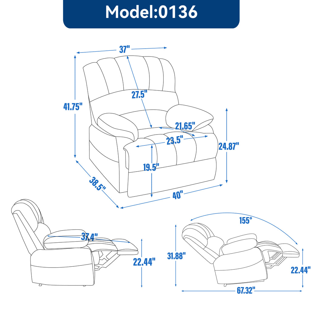 Large Manual Recliner Chair in Fabric for Living Room, Beige - Grand Goldman Shop