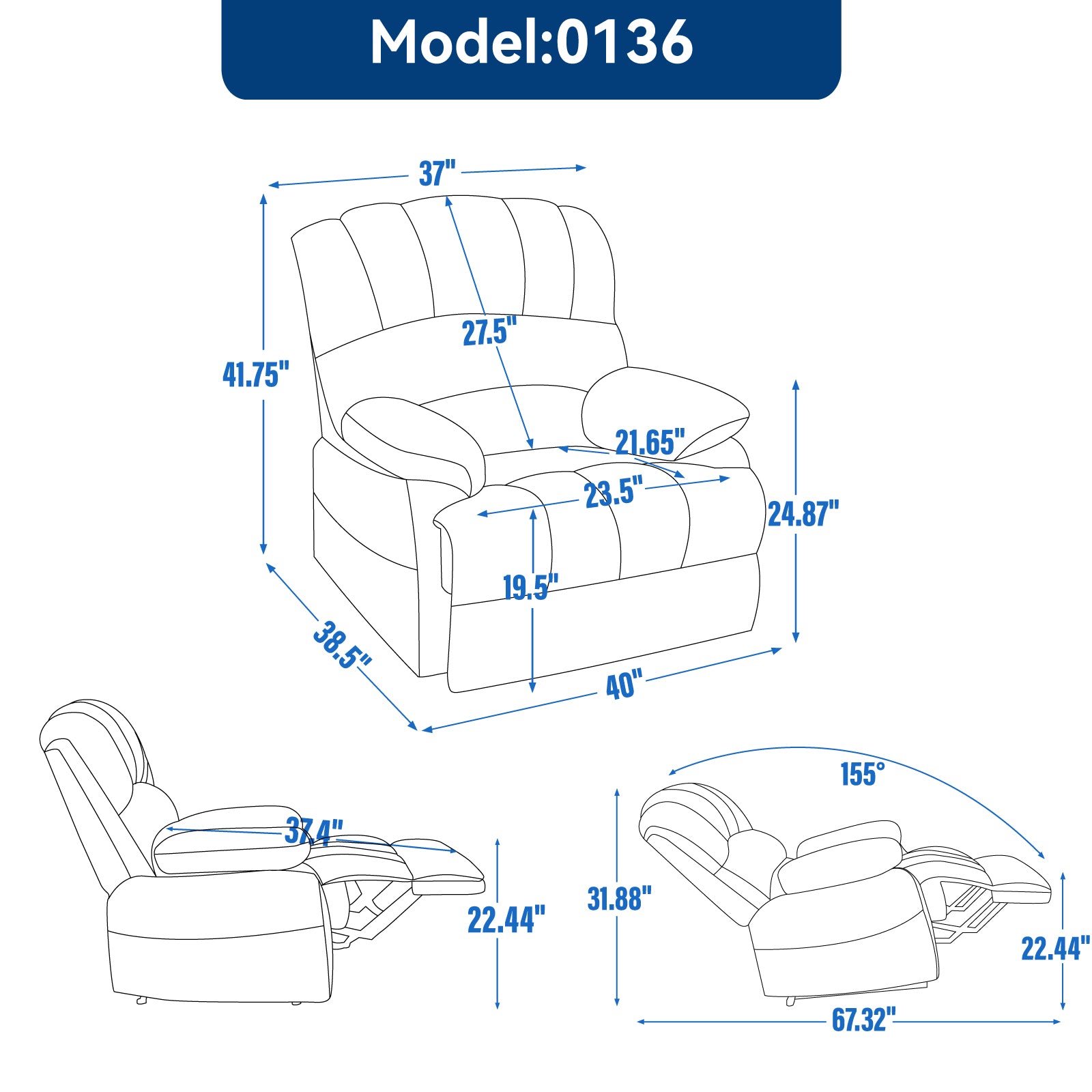 Large Manual Recliner Chair in Fabric for Living Room, Beige - Grand Goldman Shop