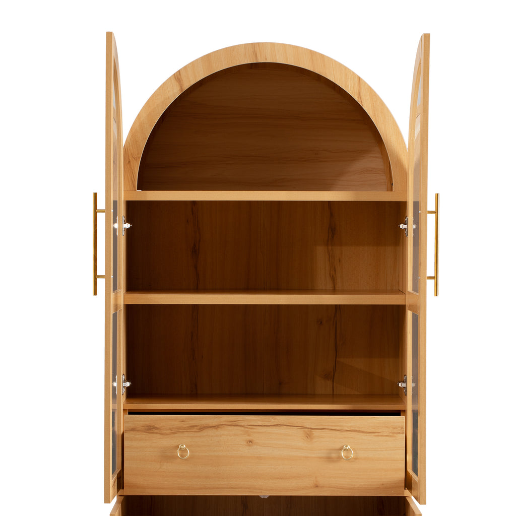 K&K 71' Tall Arched Kitchen Pantry Cabinet with Door Shelves, Farmhouse Kitchen Storage Cabinet with Open & Adjustable Shelves, Hidden Drawer & Glass Door, Cupboard for Kitchen, Dining Room, Natural - Grand Goldman Shop