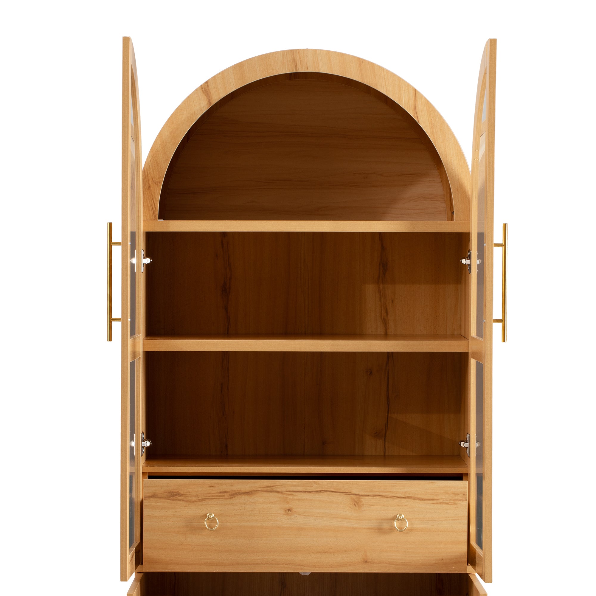 K&K 71' Tall Arched Kitchen Pantry Cabinet with Door Shelves, Farmhouse Kitchen Storage Cabinet with Open & Adjustable Shelves, Hidden Drawer & Glass Door, Cupboard for Kitchen, Dining Room, Natural - Grand Goldman Shop