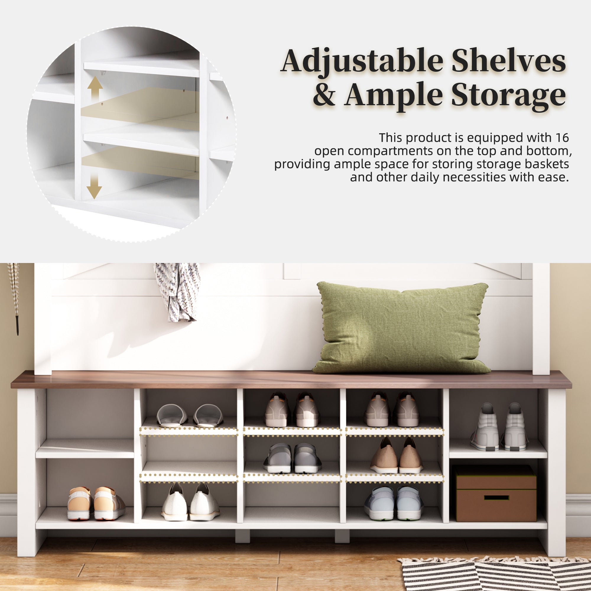Farmhouse 4-in-1 Hall Tree with 6 Hooks, Walnut Entryway Bench with Shelves,  Wooden Style Rustic Shoe Organizer with 16 Open Compartments for Mudroom, Living Room, White (OLD SKU: N721P264915K) - Grand Goldman Shop