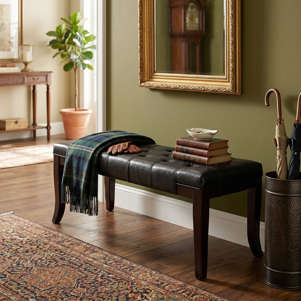 Linon Tufted Bench, Faux Leather, Espresso - Grand Goldman Shop