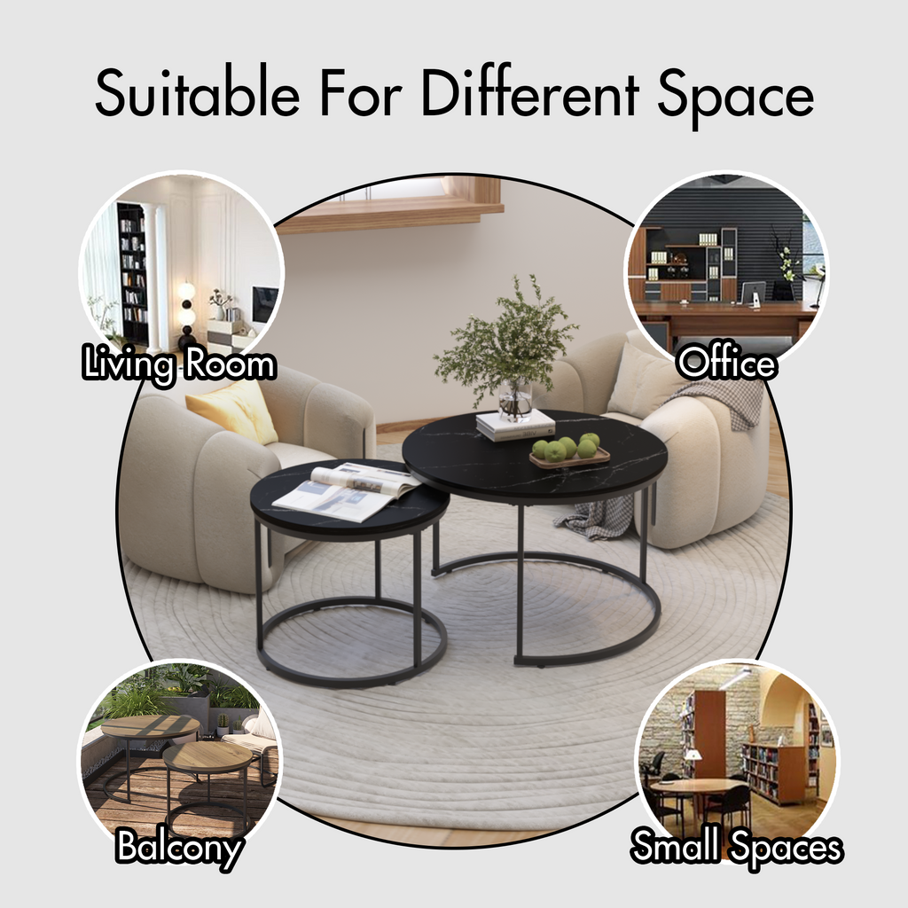 Nesting Coffee Table Set of 2, 27.6in Round Wood Marble Pattern Top with Sturdy Metal Frame, Black Living Room Side Tables for Bedroom Balcony Yard - Grand Goldman Shop