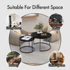 Nesting Coffee Table Set of 2, 27.6in Round Wood Marble Pattern Top with Sturdy Metal Frame, Black Living Room Side Tables for Bedroom Balcony Yard - Grand Goldman Shop