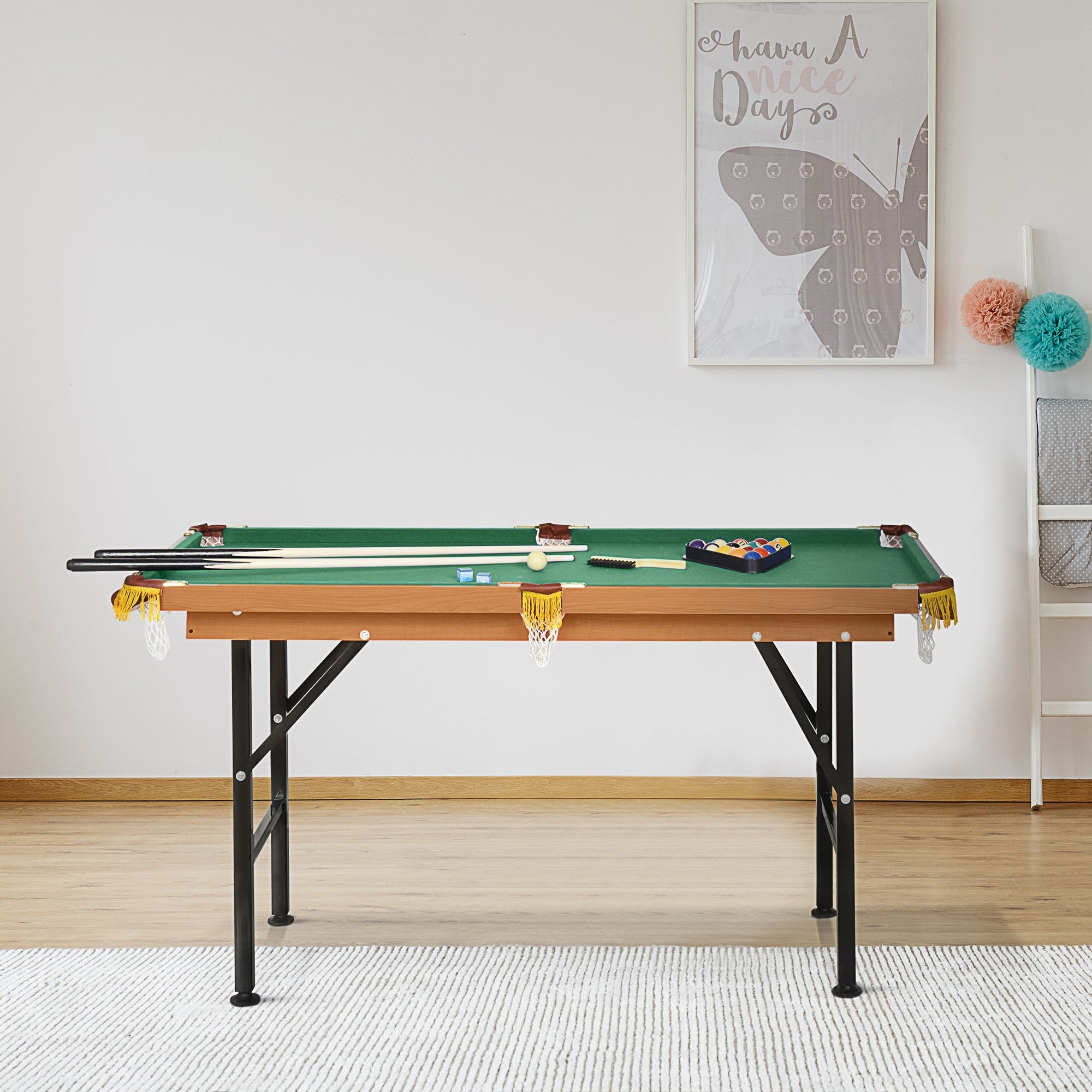 Soozier 55' Portable Folding Billiards Table Game Pool Table for Whole Family Number Use With Cues, Ball, Rack, Chalk, Green 