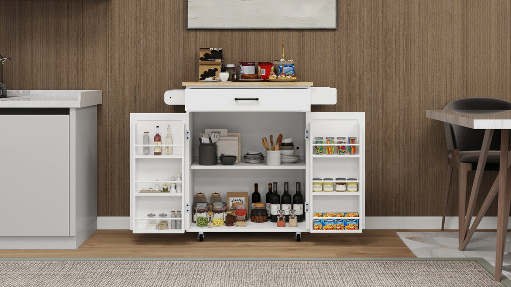 Kitchen island rolling trolley cart with 1 drawer & 2 doors with storage racks & Adjustable Shelves & towel rack & seasoning rack rubber wood table top-White - Grand Goldman Shop