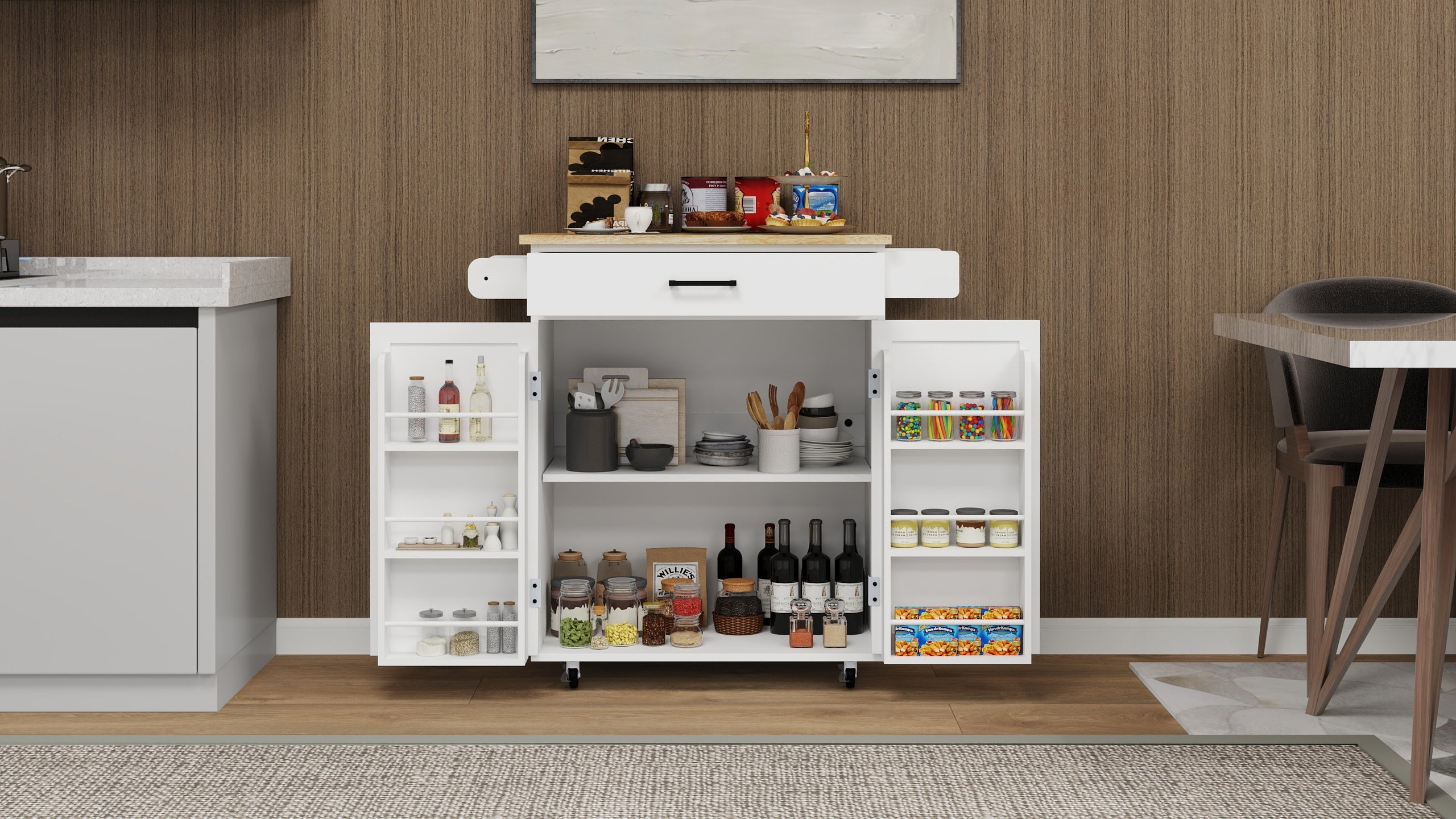 Kitchen island rolling trolley cart with 1 drawer & 2 doors with storage racks & Adjustable Shelves & towel rack & seasoning rack rubber wood table top-White - Grand Goldman Shop