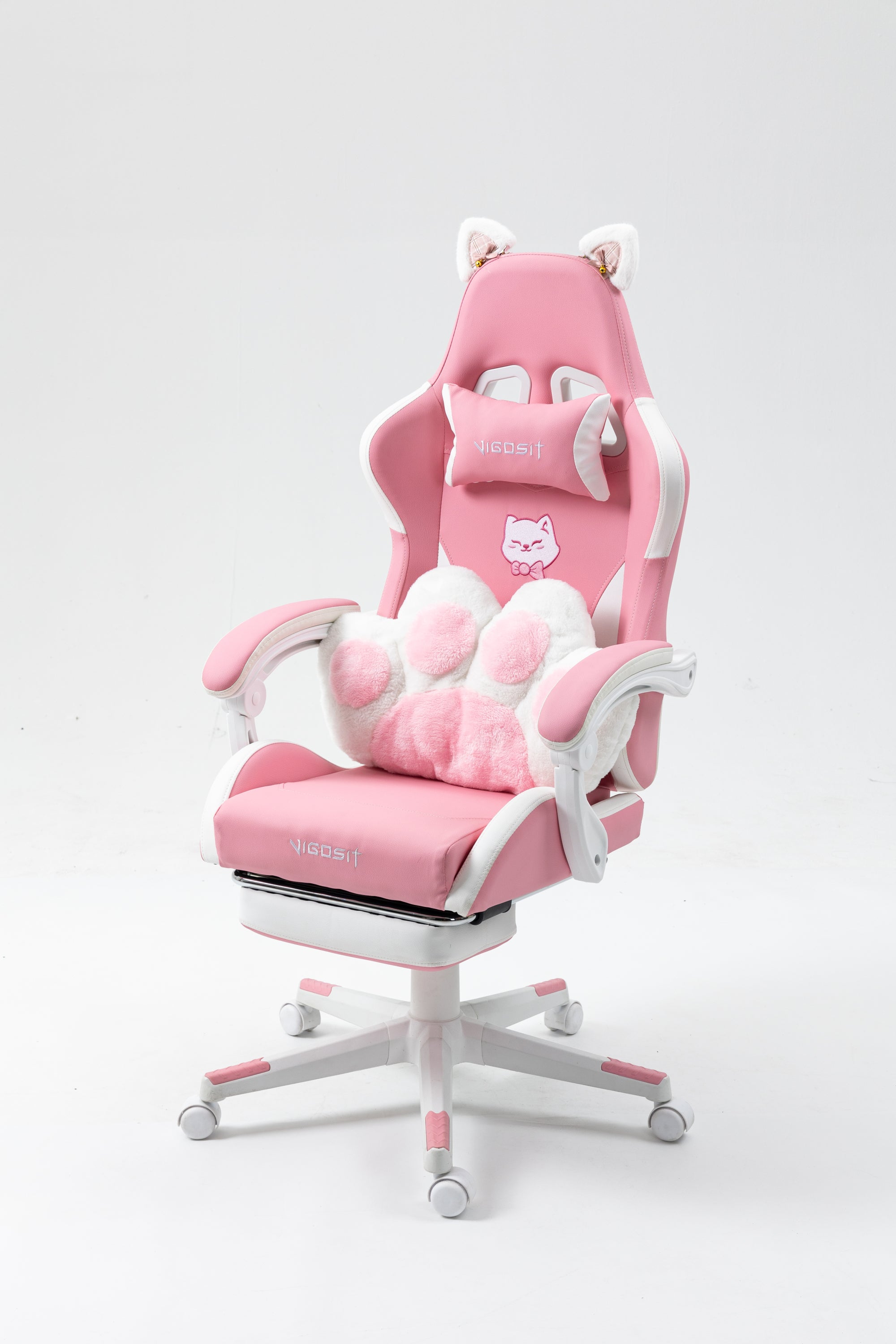Cat Ears Pink Gaming Chair - Pink PU Leather Ergonomic Reclining Office Chair with Footrest, 310lb Capacity, 6-Position Recli