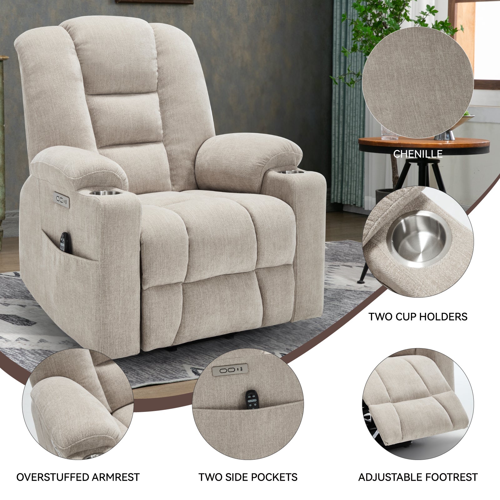 Power Lift Recliner Chair with Massage and Heat for Elderly, Overstuffed Wide Recliners, Heavy Duty Motion Mechanism with USB and Type C Ports, 2 Steel Cup Holders, Beige - Grand Goldman Shop