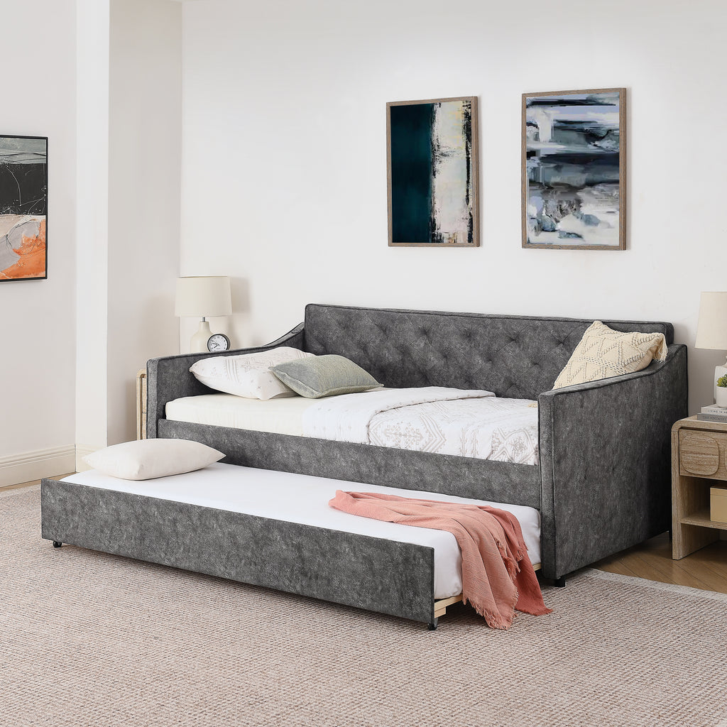 Grey Velvet Mid-Century Style Twin Upholstered Daybed with Pop-Up Trundle and USB Charging Armrest - Grand Goldman Shop