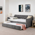 Grey Velvet Mid-Century Style Twin Upholstered Daybed with Pop-Up Trundle and USB Charging Armrest - Grand Goldman Shop