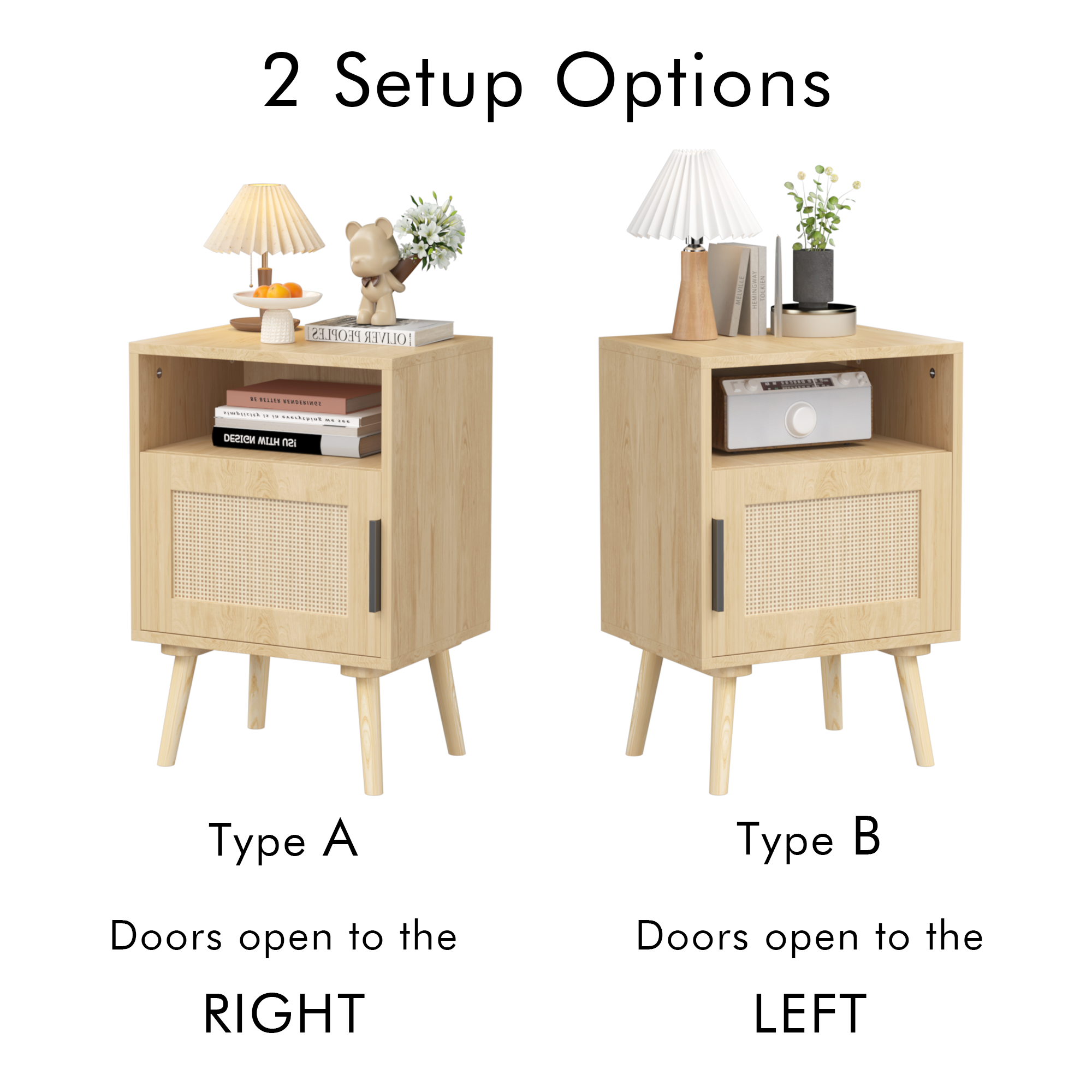 Oak Finish Rattan Nightstand with Solid Wood Legs, 22.83'' H Side Table with Door and Open Shelf for Bedroom, Dorm, and Small Spaces - Grand Goldman Shop
